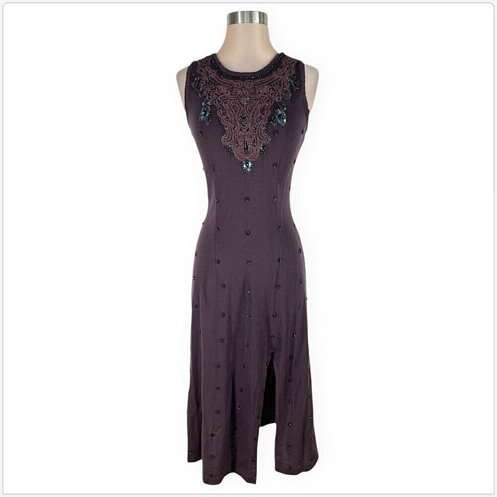 Carole Little Vintage Plum Purple Beaded Sequin Knit Wool Blend Sweater Dress S